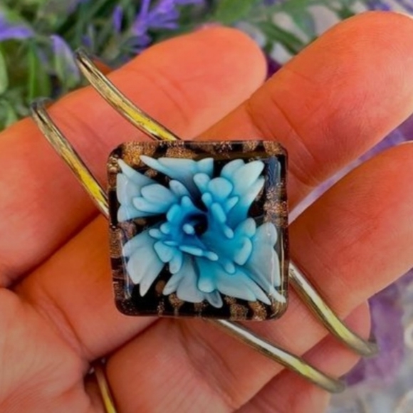 Lampwork Floral Art Glass Clamper Bracelet - Picture 7 of 10